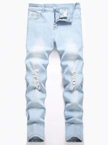 男士棉质做旧褪色修身牛仔裤，全长裤带口袋，浅蓝色，适合外出和街头穿着，适合与朋友聚会 - 淺色水洗藍 - 查看 1