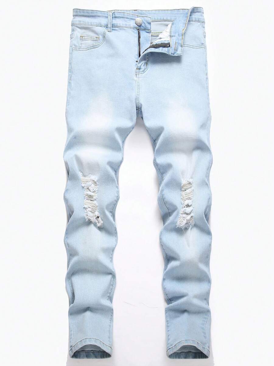 男士棉质做旧褪色修身牛仔裤，全长裤带口袋，浅蓝色，适合外出和街头穿着，适合与朋友聚会 - 淺色水洗藍 - 查看 1