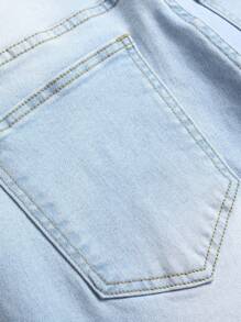 男士棉质做旧褪色修身牛仔裤，全长裤带口袋，浅蓝色，适合外出和街头穿着，适合与朋友聚会 - 淺色水洗藍 - 查看 5