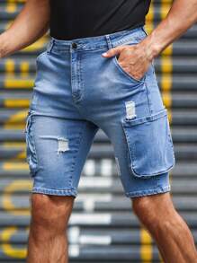 Manfinity LEGND Hombres Shorts en mezclilla algodón desgarro con bolsillo lateral con solapa - Lavado ligero - Ver 1