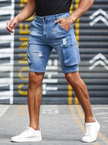 Manfinity LEGND Hombres Shorts en mezclilla algodón desgarro con bolsillo lateral con solapa - Lavado ligero - Ver 3