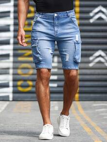 Manfinity LEGND Hombres Shorts en mezclilla algodón desgarro con bolsillo lateral con solapa - Lavado ligero - Ver 4