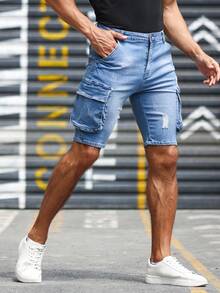 Manfinity LEGND Hombres Shorts en mezclilla algodón desgarro con bolsillo lateral con solapa - Lavado ligero - Ver 7