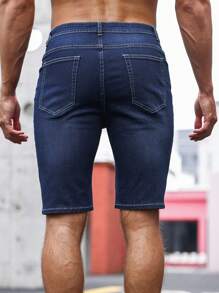 Manfinity LEGND Hombres Shorts en mezclilla algodón desgarro crudo con bolsillo oblicuo - Azul lavado oscuro - Ver 2