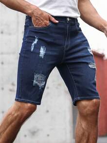 Manfinity LEGND Hombres Shorts en mezclilla algodón desgarro crudo con bolsillo oblicuo - Azul lavado oscuro - Ver 4