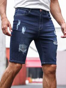 Manfinity LEGND Hombres Shorts en mezclilla algodón desgarro crudo con bolsillo oblicuo - Azul lavado oscuro - Ver 5