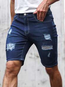 Manfinity LEGND Hombres Shorts en mezclilla algodón desgarro crudo con bolsillo oblicuo - Azul lavado oscuro - Ver 6