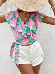 SHEIN VCAY 印花荷葉邊側打結短款襯衫 - 彩色 - 查看 6