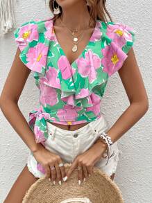 SHEIN VCAY 印花荷葉邊側打結短款襯衫 - 彩色 - 查看 3