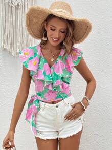 SHEIN VCAY 印花荷葉邊側打結短款襯衫 - 彩色 - 查看 4