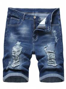 Manfinity LEGND Hombres Shorts en mezclilla algodón desgarro crudo - Azul lavado medio - Ver 1