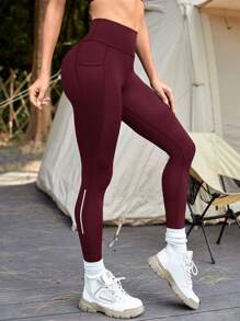 SHEIN Yoga Basic 寬腰帶手機口袋運動打底褲 - 酒紅色 - 查看 3