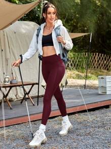 SHEIN Yoga Basic 寬腰帶手機口袋運動打底褲 - 酒紅色 - 查看 6