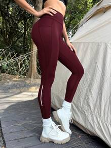 SHEIN Yoga Basic 寬腰帶手機口袋運動打底褲 - 酒紅色 - 查看 7