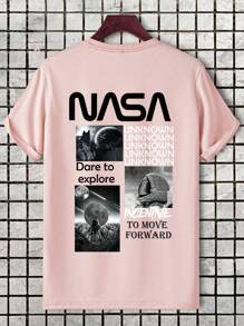 Manfinity Homme Men Astronaut & Letter Graphic Tee, Pink Graphic Tee, Men Pink Graphic Tee, Light Pink Graphic Tee, 2000s Style - Baby Pink - View 3