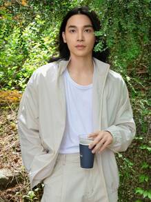 DAZY Men Zip Up Drop Shoulder Hooded Jacket - Beige - View 1