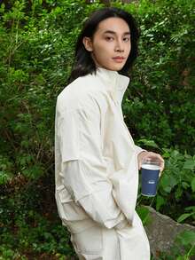 DAZY Men Zip Up Drop Shoulder Hooded Jacket - Beige - View 3