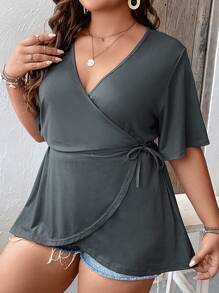 SHEIN LUNE Plus Knot Side Wrap Tee - Dark Grey - View 1