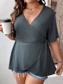SHEIN LUNE Plus Knot Side Wrap Tee - Dark Grey - View 3