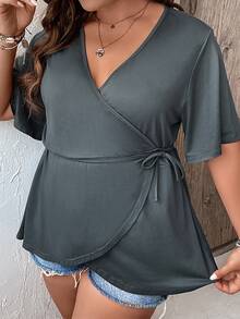 SHEIN LUNE Plus Knot Side Wrap Tee - Dark Grey - View 4