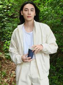 DAZY Men Zip Up Drop Shoulder Hooded Jacket - Beige - View 7