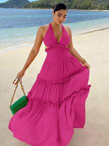 SHEIN SXY Frill Trim Backless Layered Hem Swing  Dress - Hot Pink - View 1