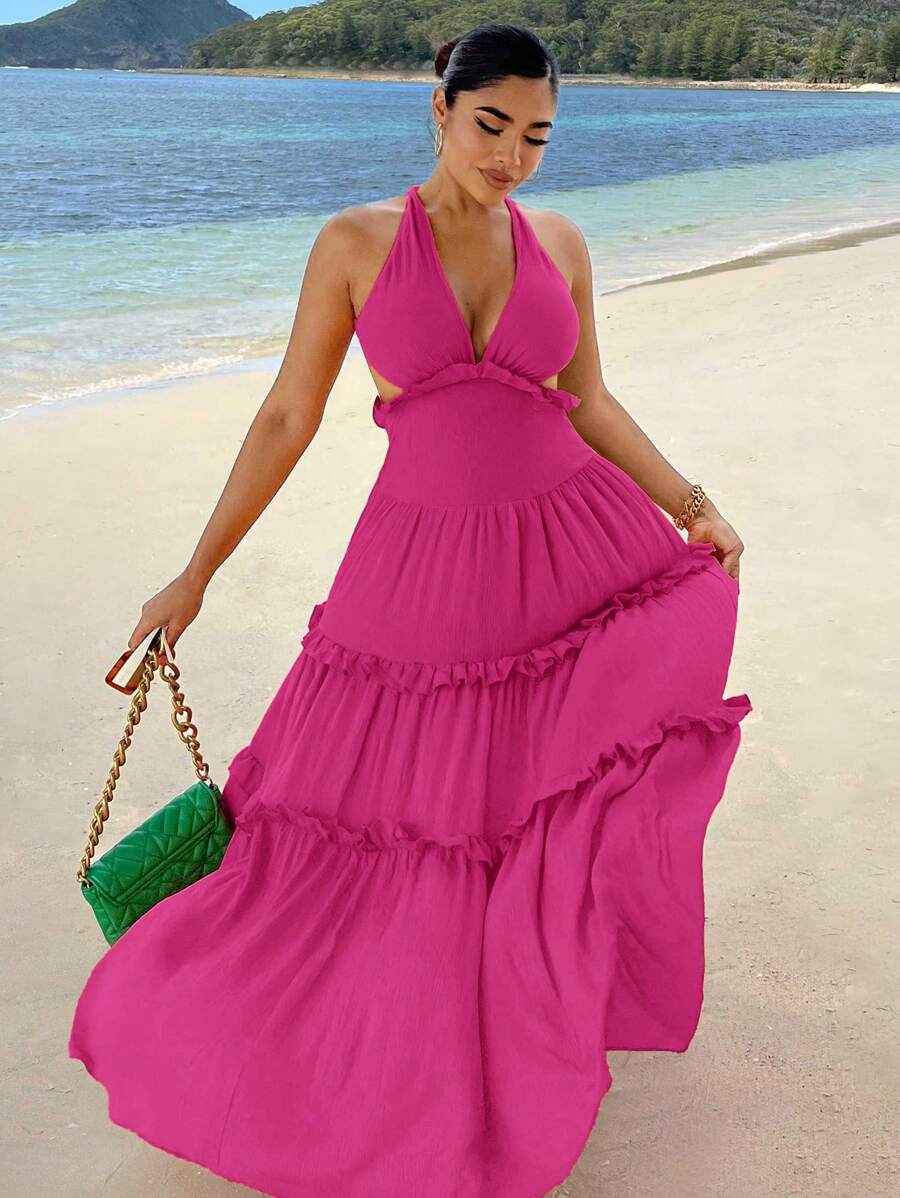 SHEIN SXY Frill Trim Backless Layered Hem Swing  Dress - Hot Pink - View 1