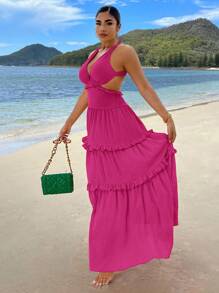 SHEIN SXY Frill Trim Backless Layered Hem Swing  Dress - Hot Pink - View 3