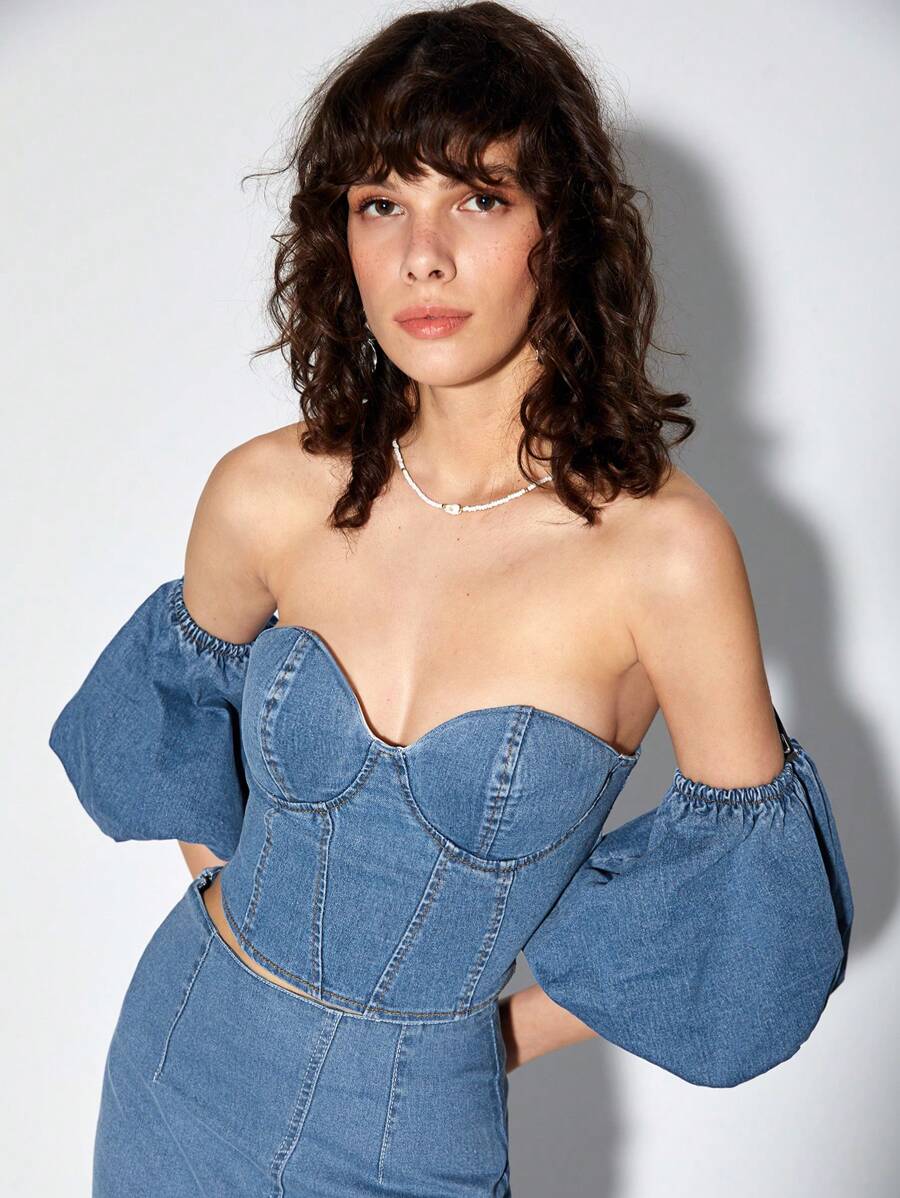 MELIKE FIRAT 一字肩緊身上衣牛仔上衣帶袖子 - 中等水洗藍 - 查看 1