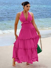 SHEIN SXY Frill Trim Backless Layered Hem Swing  Dress - Hot Pink - View 5