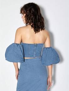 MELIKE FIRAT 一字肩緊身上衣牛仔上衣帶袖子 - 中等水洗藍 - 查看 2