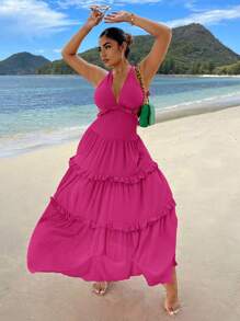 SHEIN SXY Frill Trim Backless Layered Hem Swing  Dress - Hot Pink - View 6