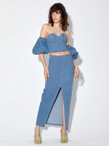 MELIKE FIRAT 一字肩緊身上衣牛仔上衣帶袖子 - 中等水洗藍 - 查看 3