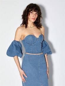MELIKE FIRAT 一字肩緊身上衣牛仔上衣帶袖子 - 中等水洗藍 - 查看 5