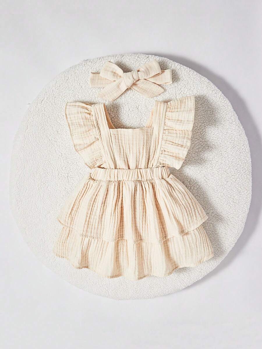 Recién nacido Bebé Vestido ribete con fruncido con diadema - Albaricoque - Ver 1