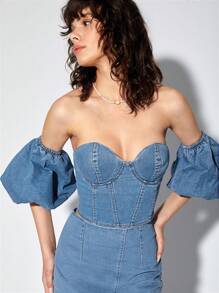 MELIKE FIRAT 一字肩緊身上衣牛仔上衣帶袖子 - 中等水洗藍 - 查看 6