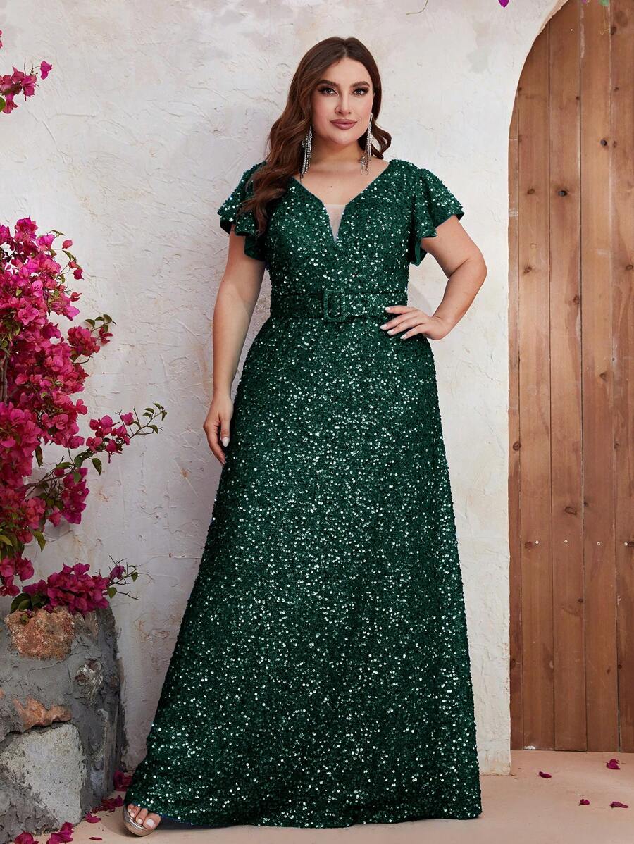 YISIKADO Đầm Plus Size Tương phản Mesh ghép mộng kim sa Xù Tất cả trên in Buổi tiệc - Màu xanh lá cây đậm - Xem 1