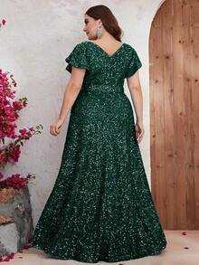 YISIKADO Đầm Plus Size Tương phản Mesh ghép mộng kim sa Xù Tất cả trên in Buổi tiệc - Màu xanh lá cây đậm - Xem 2