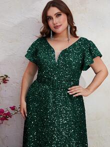 YISIKADO Đầm Plus Size Tương phản Mesh ghép mộng kim sa Xù Tất cả trên in Buổi tiệc - Màu xanh lá cây đậm - Xem 4