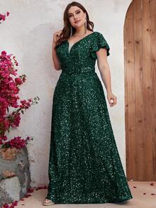 YISIKADO Đầm Plus Size Tương phản Mesh ghép mộng kim sa Xù Tất cả trên in Buổi tiệc - Màu xanh lá cây đậm - Xem 5