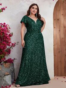 YISIKADO Đầm Plus Size Tương phản Mesh ghép mộng kim sa Xù Tất cả trên in Buổi tiệc - Màu xanh lá cây đậm - Xem 6