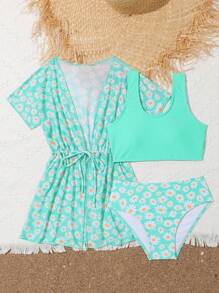 Tween Girl Floral Print Bikini Set With Kimono Matching Set Summer Beach - Mint Green - View 3