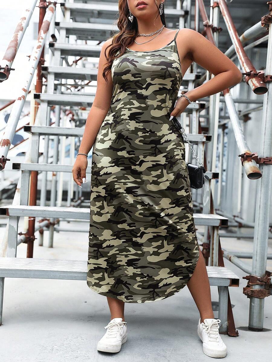 Flirla Vestido de tirantes con estampado de camuflaje - Verde militar - Ver 1