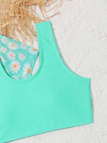 Tween Girl Floral Print Bikini Set With Kimono Matching Set Summer Beach - Mint Green - View 5