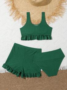 Conjunto de bikini con volante en el bajo y shorts de playa para niña preadolescente - Verde - Ver 2