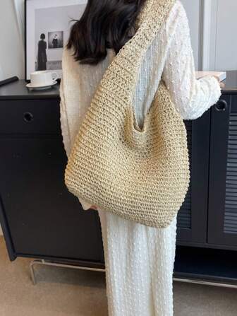 極簡大容量草編包度假