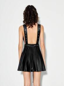 Mafiawearmx Designer Solid PU Leather Belted Elegant Dress, For Holiday - Black - View 2