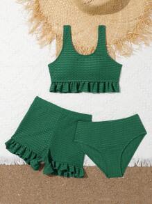 Conjunto de bikini con volante en el bajo y shorts de playa para niña preadolescente - Verde - Ver 4