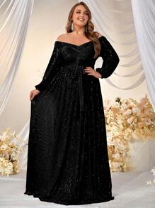 YISIKADO Plus Off Shoulder Lantern Sleeve Belted Sequin Formal Dress - Black - View 1