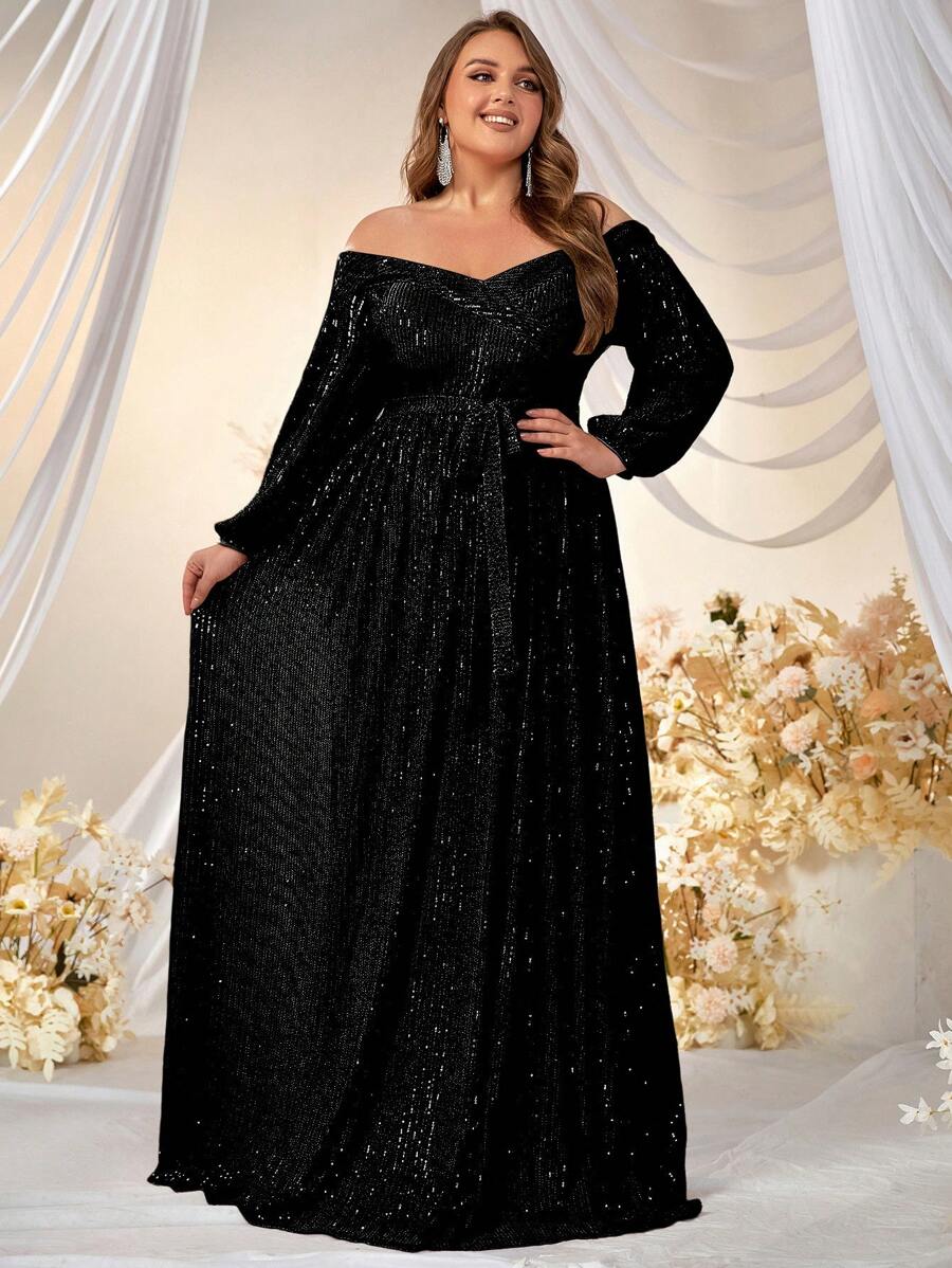 YISIKADO Plus Off Shoulder Lantern Sleeve Belted Sequin Formal Dress - Black - View 1